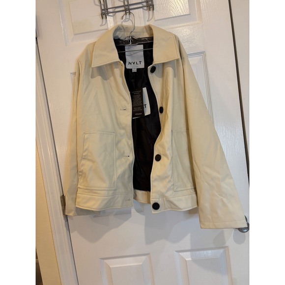 NVLT Vegan Leather Jacket Womens L/G Cream Colored Collared Button Up - Picture 1 of 5
